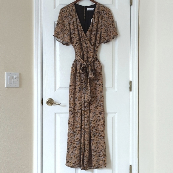 Greylin Anthropologie Galena Surplice Short Sleeve Wide Leg Jumpsuit Honey XS